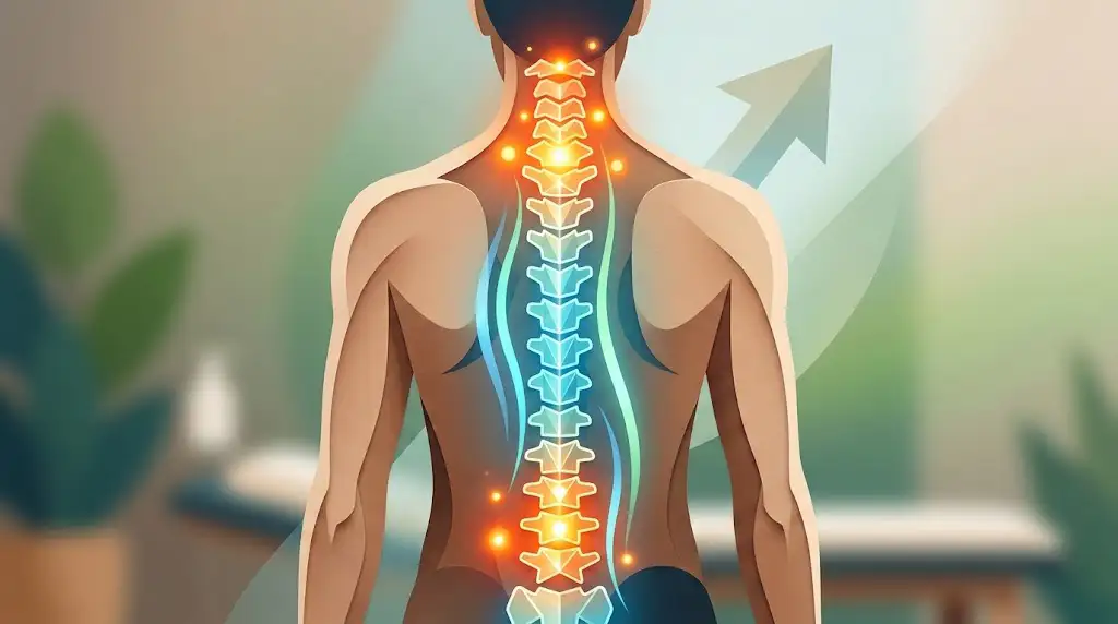 Un primo piano su una schiena umana stilizzata con punti di tensione luminosi e un percorso grafico che simboleggia l'allineamento della colonna vertebrale e la correzione posturale.