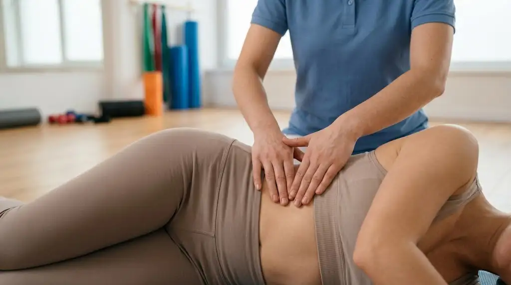Un'immagine ravvicinata di mani professionali che guidano delicatamente il movimento delle costole e del bacino di una persona durante un esercizio di ginnastica posturale a Latina, in un ambiente terapeutico luminoso e pulito.