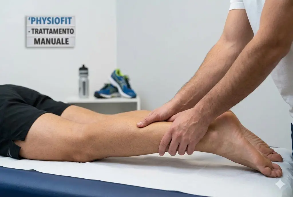 Dettaglio terapia manuale su gamba di runner a Physiofit Latina
