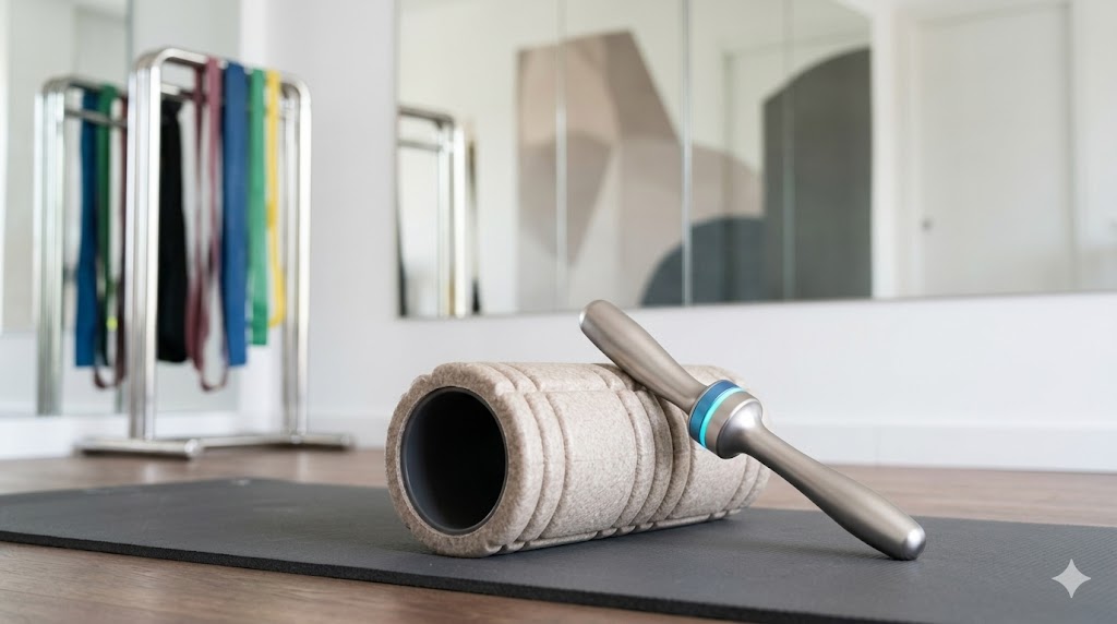 Primo piano ravvicinato su un manipolo professionale per terapia strumentale ad alta precisione, utilizzato per la riabilitazione accelerata, senza schiene.