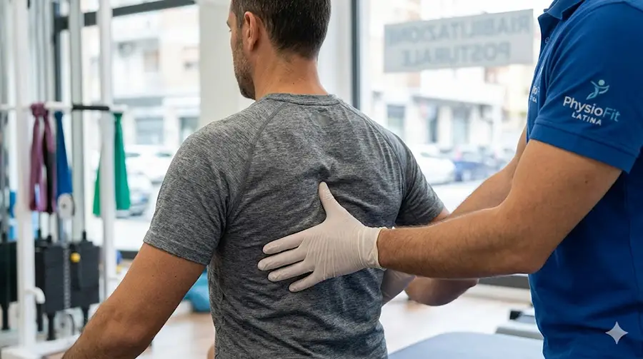 Un fisioterapista esperto di Physiofit assiste Luca in un esercizio di rinforzo controllato per il dolore lombare cronico