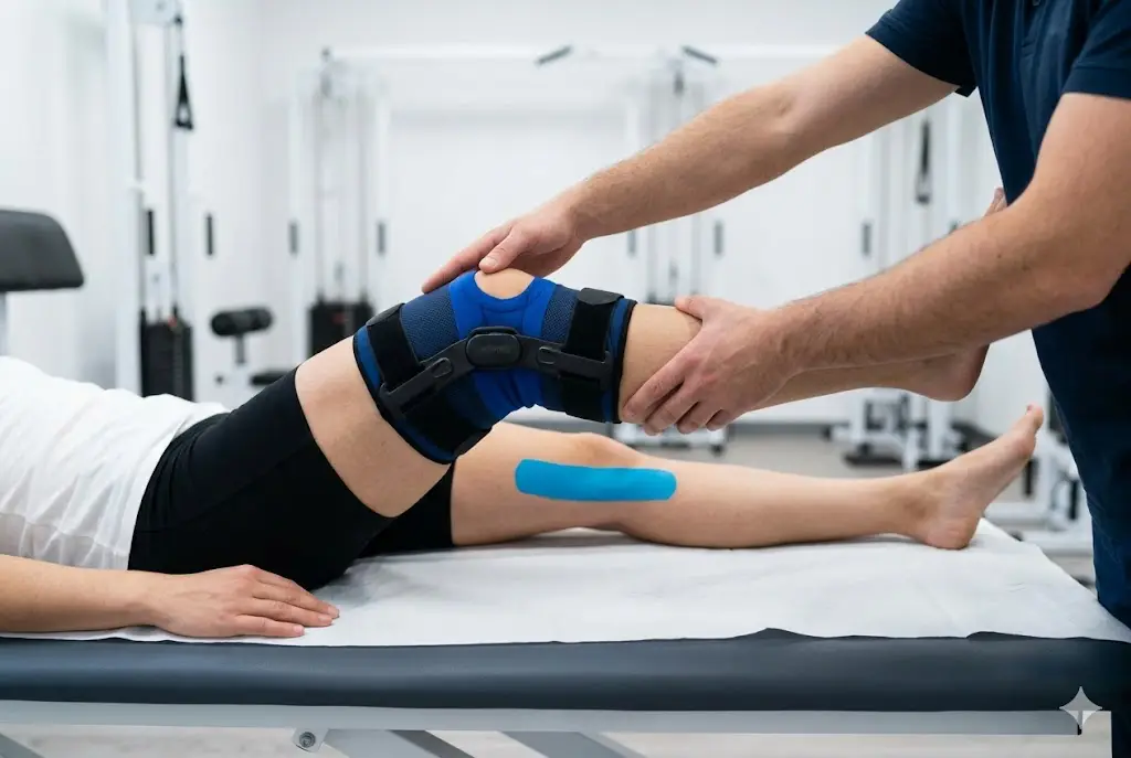 Mani di fisioterapista e paziente post-operatorio Latina Goretti