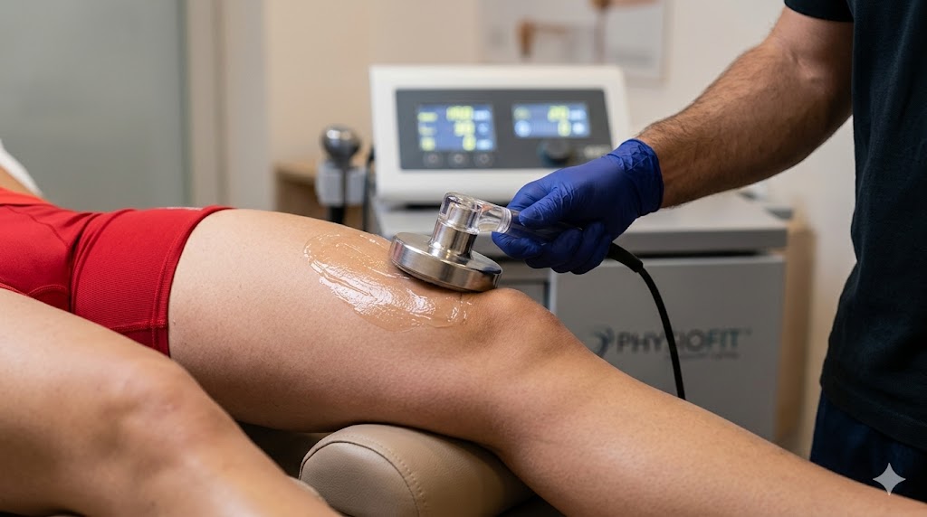 Mano fisioterapista Physiofit applica una sonda capacitive metallica con gel conduttivo su muscolo quadricipite di un atleta