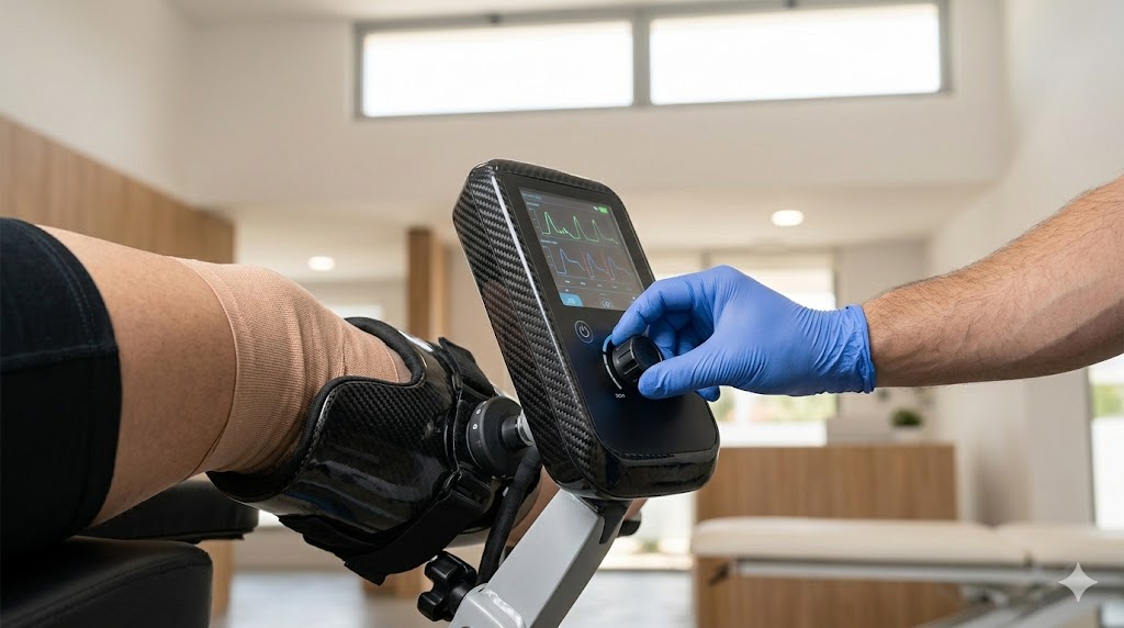 Specialista Physiofit utilizza un macchinario robotico avanzato con monitor per la riabilitazione del ginocchio a Latina.