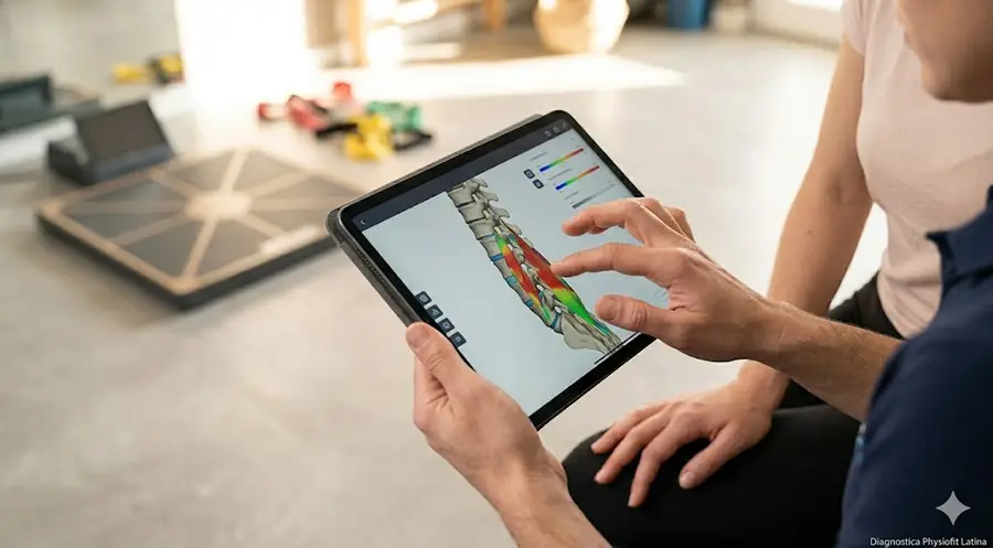 Tablet con software di analisi della colonna vertebrale durante una valutazione fisioterapica biomeccanica a Latina.