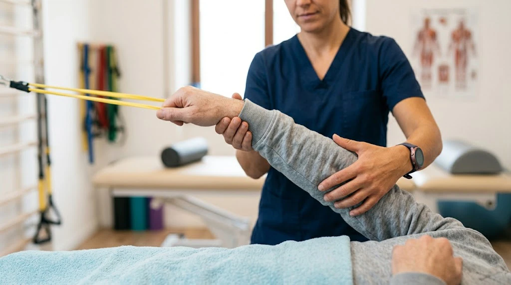 Paziente esegue esercizi graduali per riprendere il movimento guidato dal fisioterapista Physiofit Latina