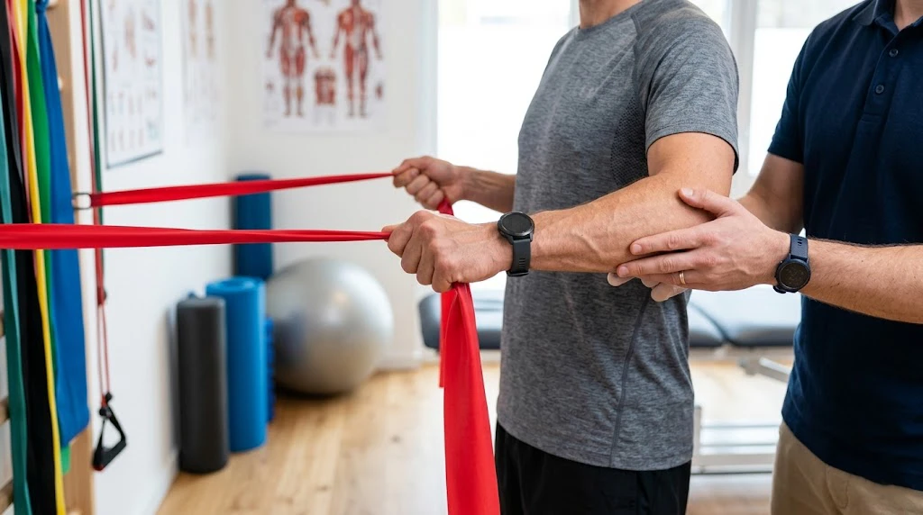 Fisioterapista mostra programma di esercizi di riabilitazione a paziente Physiofit Latina