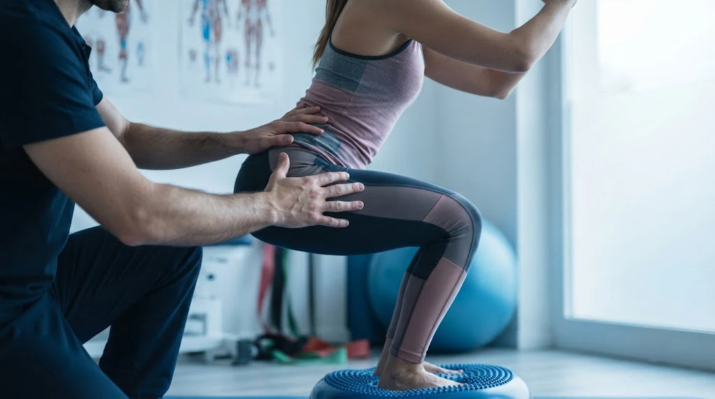 Fisioterapista esegue test di forza manuale su atleta Latina Physiofit