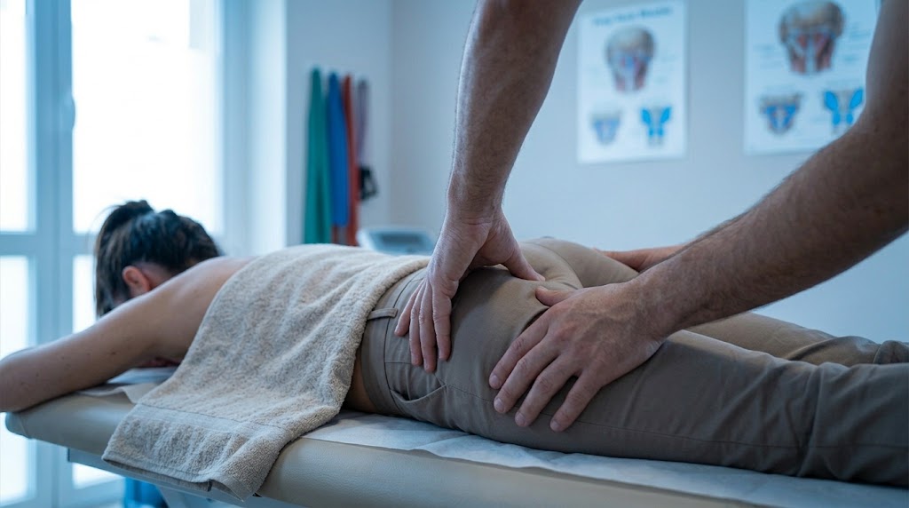Fisioterapista esegue trattamento manuale laterale dell'anca per stress Latina Physiofit